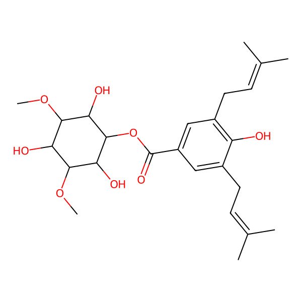 2D Structure of (2,4,6-Trihydroxy-3,5-dimethoxycyclohexyl) 4-hydroxy-3,5-bis(3-methylbut-2-enyl)benzoate