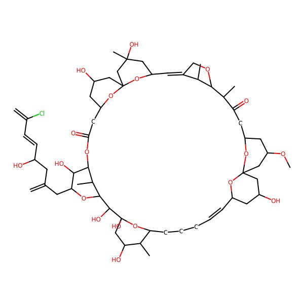 2D Structure of (1R,3S,5R,10S,11S,14S,16S,18S,20S,22R,28R,29R,30S,32R,33S,34R,36R,37R,38R,42R,44S)-36-[(4S,5E)-7-chloro-4-hydroxy-2-methylideneocta-5,7-dienyl]-3,20,30,32,33,37,44-heptahydroxy-16-methoxy-3,11,29,47,51-pentamethyl-9,35,39,46,48,49,50,52-octaoxaoctacyclo[40.3.1.11,5.17,10.114,18.118,22.128,32.134,38]dopentaconta-6,23-diene-12,40-dione