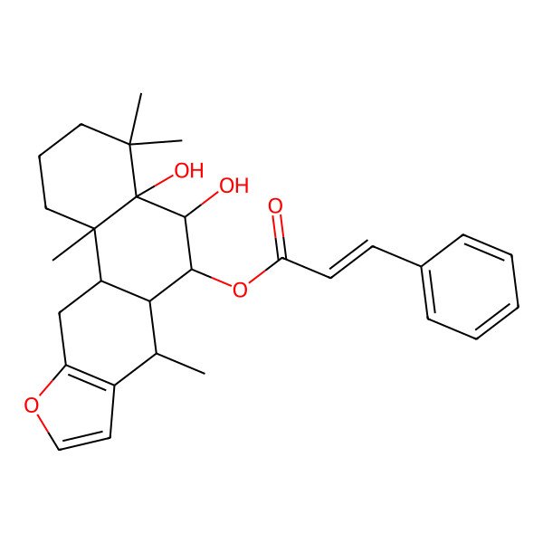 2D Structure of (4a,5-dihydroxy-4,4,7,11b-tetramethyl-2,3,5,6,6a,7,11,11a-octahydro-1H-naphtho[2,1-f][1]benzofuran-6-yl) 3-phenylprop-2-enoate