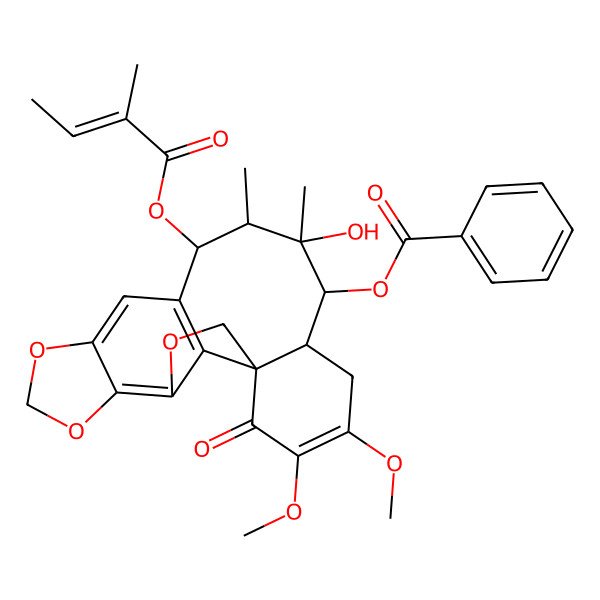 2D Structure of [(1S,12R,13S,14S,15S,16R)-14-hydroxy-18,19-dimethoxy-13,14-dimethyl-12-[(Z)-2-methylbut-2-enoyl]oxy-20-oxo-3,6,8-trioxapentacyclo[9.9.1.01,16.04,21.05,9]henicosa-4(21),5(9),10,18-tetraen-15-yl] benzoate