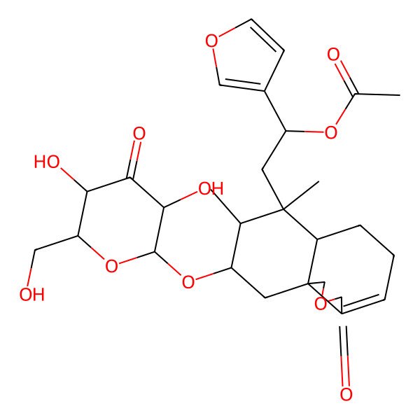 2D Structure of [2-[9-[3,5-dihydroxy-6-(hydroxymethyl)-4-oxooxan-2-yl]oxy-7,8-dimethyl-3-oxo-5,6,6a,8,9,10-hexahydro-1H-benzo[d][2]benzofuran-7-yl]-1-(furan-3-yl)ethyl] acetate