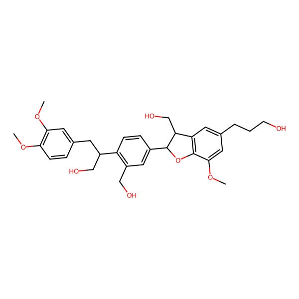 2D Structure of 3-(3,4-Dimethoxyphenyl)-2-[2-(hydroxymethyl)-4-[3-(hydroxymethyl)-5-(3-hydroxypropyl)-7-methoxy-2,3-dihydro-1-benzofuran-2-yl]phenyl]propan-1-ol