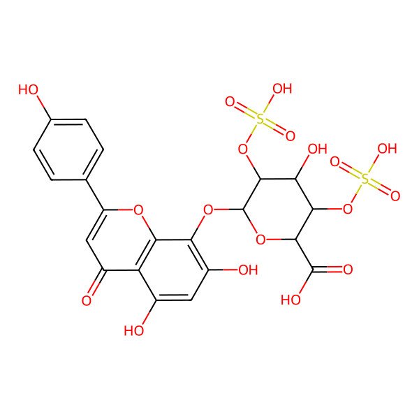 2D Structure of 6-[5,7-Dihydroxy-2-(4-hydroxyphenyl)-4-oxochromen-8-yl]oxy-4-hydroxy-3,5-disulfooxyoxane-2-carboxylic acid