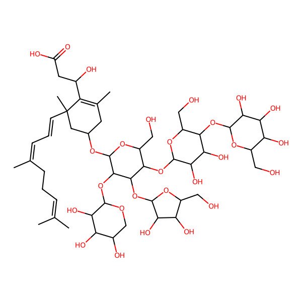 2D Structure of (3R)-3-[(4S,6R)-4-[(2R,3R,4S,5R,6R)-4-[(2R,3S,4S,5R)-3,4-dihydroxy-5-(hydroxymethyl)oxolan-2-yl]oxy-5-[(2R,3S,4S,5R,6S)-3,4-dihydroxy-6-(hydroxymethyl)-5-[(2R,3S,4R,5R,6S)-3,4,5-trihydroxy-6-(hydroxymethyl)oxan-2-yl]oxyoxan-2-yl]oxy-6-(hydroxymethyl)-3-[(2R,3S,4R,5S)-3,4,5-trihydroxyoxan-2-yl]oxyoxan-2-yl]oxy-6-[(1E,3E)-4,8-dimethylnona-1,3,7-trienyl]-2,6-dimethylcyclohexen-1-yl]-3-hydroxypropanoic acid