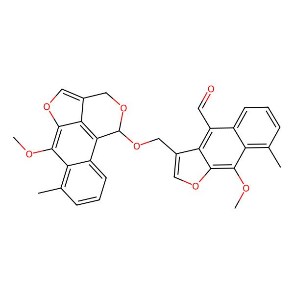 2D Structure of Naphtho[2,3-b]furan-4-carboxaldehyde, 9-methoxy-3-[[(6-methoxy-7-methyl-1H,3H-benzo[h]furo[4,3,2-de]-2-benzopyran-1-yl)oxy]methyl]-8-methyl-