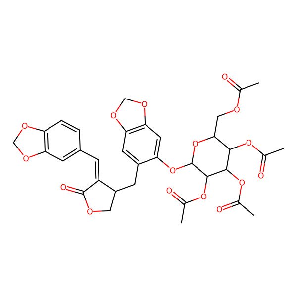 2D Structure of [(2R,3R,4S,5R,6S)-3,4,5-triacetyloxy-6-[[6-[[(3R,4E)-4-(1,3-benzodioxol-5-ylmethylidene)-5-oxooxolan-3-yl]methyl]-1,3-benzodioxol-5-yl]oxy]oxan-2-yl]methyl acetate