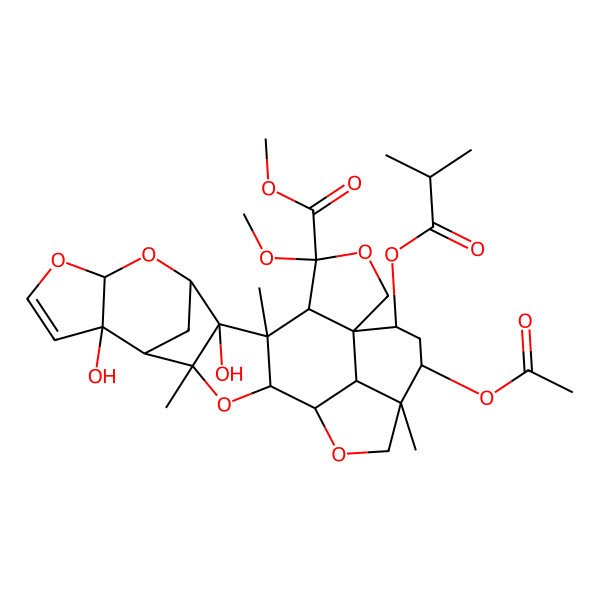 2D Structure of Methyl 23-acetyloxy-7,14-dihydroxy-4-methoxy-6,16,22-trimethyl-25-(2-methylpropanoyloxy)-3,9,11,17,20-pentaoxaoctacyclo[17.6.1.18,15.01,5.06,18.07,16.010,14.022,26]heptacos-12-ene-4-carboxylate