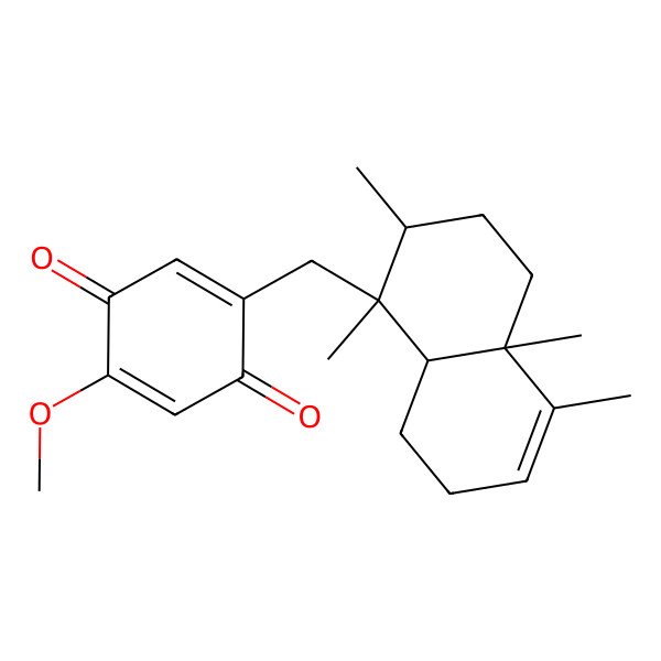 2D Structure of 2-[[(1R,2S,4aS,8aS)-1,2,4a,5-tetramethyl-2,3,4,7,8,8a-hexahydronaphthalen-1-yl]methyl]-5-methoxycyclohexa-2,5-diene-1,4-dione