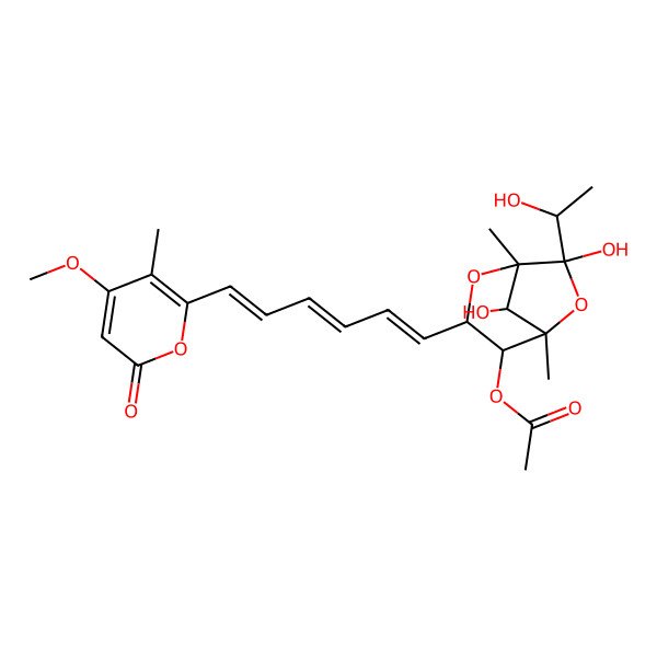 2D Structure of [7,8-Dihydroxy-7-(1-hydroxyethyl)-3-[6-(4-methoxy-3-methyl-6-oxopyran-2-yl)hexa-1,3,5-trienyl]-1,5-dimethyl-2,6-dioxabicyclo[3.2.1]octan-4-yl] acetate