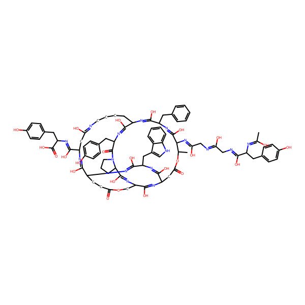 2D Structure of (2S)-2-[[[(1S,4S,10R,13S,19S,22S,25R,29S,30S,33S,43S)-33-benzyl-2,11,21,24,31,34,41,45,47-nonahydroxy-30-[[1-hydroxy-2-[[1-hydroxy-2-[[(2R)-1-hydroxy-2-(1-hydroxyethylideneamino)-3-(4-hydroxyphenyl)propylidene]amino]ethylidene]amino]ethylidene]amino]-4-[(4-hydroxyphenyl)methyl]-22-(1H-indol-3-ylmethyl)-29-methyl-5,16,27-trioxo-15,28-dioxa-3,6,12,20,23,32,35,40,44,46-decazatetracyclo[17.16.10.213,25.06,10]heptatetraconta-2,11,20,23,31,34,40,44,46-nonaen-43-yl]-hydroxymethylidene]amino]-3-(4-hydroxyphenyl)propanoic acid