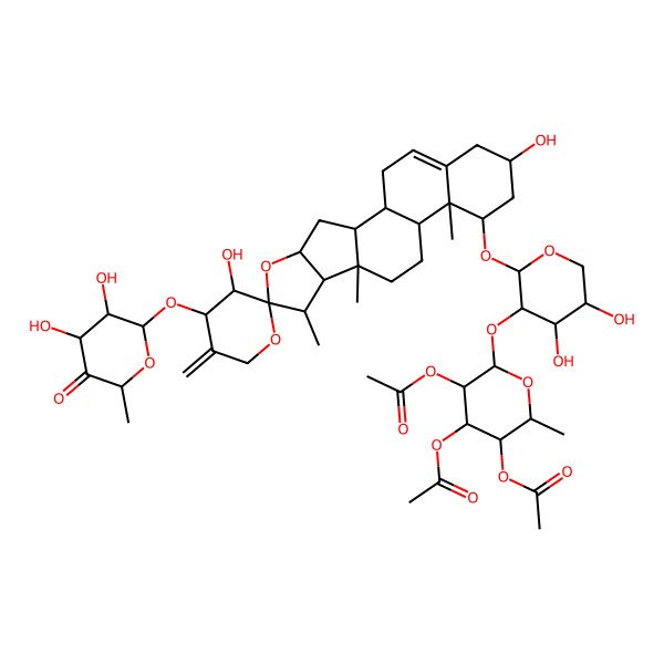 2D Structure of [(2S,3S,4R,5R,6S)-4,5-diacetyloxy-6-[(2S,3R,4S,5S)-2-[(1S,2S,3'S,4S,4'S,6S,7S,8R,9S,12S,13R,14R,16S)-4'-[(2R,3R,4R,6R)-3,4-dihydroxy-6-methyl-5-oxooxan-2-yl]oxy-3',16-dihydroxy-7,9,13-trimethyl-5'-methylidenespiro[5-oxapentacyclo[10.8.0.02,9.04,8.013,18]icos-18-ene-6,2'-oxane]-14-yl]oxy-4,5-dihydroxyoxan-3-yl]oxy-2-methyloxan-3-yl] acetate