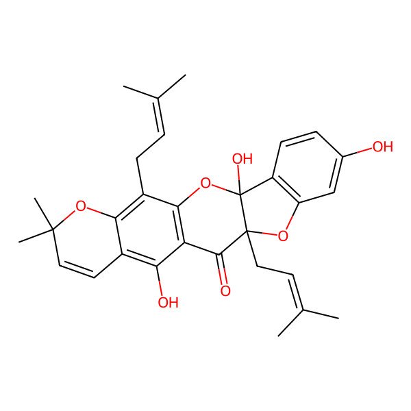 2D Structure of (3S,11S)-3,7,14-trihydroxy-18,18-dimethyl-11,21-bis(3-methylbut-2-enyl)-2,10,19-trioxapentacyclo[11.8.0.03,11.04,9.015,20]henicosa-1(13),4(9),5,7,14,16,20-heptaen-12-one