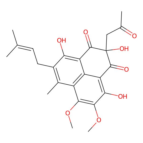 2D Structure of 2,4,9-Trihydroxy-5,6-dimethoxy-7-methyl-8-(3-methylbut-2-enyl)-2-(2-oxopropyl)phenalene-1,3-dione
