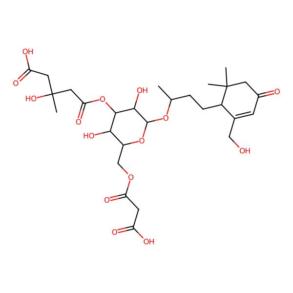 2D Structure of (3S)-5-[(2R,3R,4S,5R,6R)-2-[(2-carboxyacetyl)oxymethyl]-3,5-dihydroxy-6-[(2R)-4-[(1S)-2-(hydroxymethyl)-6,6-dimethyl-4-oxocyclohex-2-en-1-yl]butan-2-yl]oxyoxan-4-yl]oxy-3-hydroxy-3-methyl-5-oxopentanoic acid