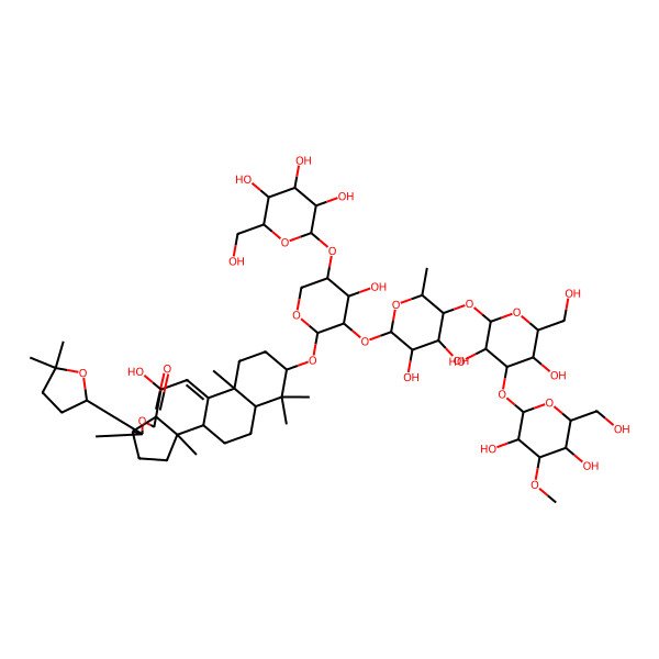 2D Structure of (1S,2S,5S,6R,9S,10S,13S,16S,18R)-16-[(2S,3R,4S,5R)-3-[(2S,3R,4R,5S,6R)-5-[(2S,3R,4S,5R,6R)-4-[(2S,3R,4S,5R,6R)-3,5-dihydroxy-6-(hydroxymethyl)-4-methoxyoxan-2-yl]oxy-3,5-dihydroxy-6-(hydroxymethyl)oxan-2-yl]oxy-3,4-dihydroxy-6-methyloxan-2-yl]oxy-4-hydroxy-5-[(2S,3R,4S,5S,6R)-3,4,5-trihydroxy-6-(hydroxymethyl)oxan-2-yl]oxyoxan-2-yl]oxy-6-[(2R)-5,5-dimethyloxolan-2-yl]-10-hydroxy-2,6,13,17,17-pentamethyl-7-oxapentacyclo[10.8.0.02,9.05,9.013,18]icos-11-en-8-one