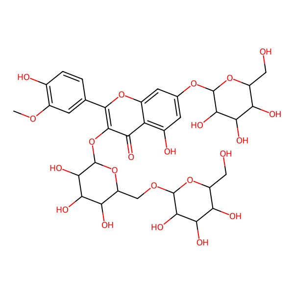 2D Structure of 5-Hydroxy-2-(4-hydroxy-3-methoxyphenyl)-7-[3,4,5-trihydroxy-6-(hydroxymethyl)oxan-2-yl]oxy-3-[3,4,5-trihydroxy-6-[[3,4,5-trihydroxy-6-(hydroxymethyl)oxan-2-yl]oxymethyl]oxan-2-yl]oxychromen-4-one