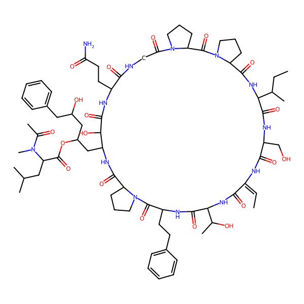 2D Structure of [1-[(3S,12R,19S,25R,28S,31E,34S,37R,40S)-12-(3-amino-3-oxopropyl)-37-[(2S)-butan-2-yl]-31-ethylidene-15-hydroxy-28-[(1R)-1-hydroxyethyl]-34-(hydroxymethyl)-2,8,11,14,18,24,27,30,33,36,39-undecaoxo-25-(2-phenylethyl)-1,7,10,13,17,23,26,29,32,35,38-undecazatetracyclo[38.3.0.03,7.019,23]tritetracontan-16-yl]-4-hydroxy-5-phenylpentan-2-yl] (2S)-2-[acetyl(methyl)amino]-4-methylpentanoate