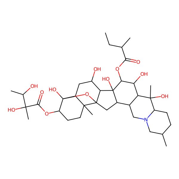 2D Structure of [(1S,2S,6S,9S,10S,11R,12R,13S,14S,15S,16R,18S,19S,22S,23S,25R)-10,12,14,16,23-pentahydroxy-6,10,19-trimethyl-13-[(2R)-2-methylbutanoyl]oxy-24-oxa-4-azaheptacyclo[12.12.0.02,11.04,9.015,25.018,23.019,25]hexacosan-22-yl] (2S,3R)-2,3-dihydroxy-2-methylbutanoate