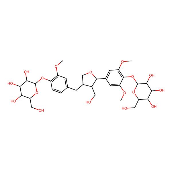 2D Structure of (2S,3R,4S,5S,6R)-2-[4-[[(3R,4R,5S)-5-[3,5-dimethoxy-4-[(2S,3R,4S,5S,6R)-3,4,5-trihydroxy-6-(hydroxymethyl)oxan-2-yl]oxyphenyl]-4-(hydroxymethyl)oxolan-3-yl]methyl]-2-methoxyphenoxy]-6-(hydroxymethyl)oxane-3,4,5-triol