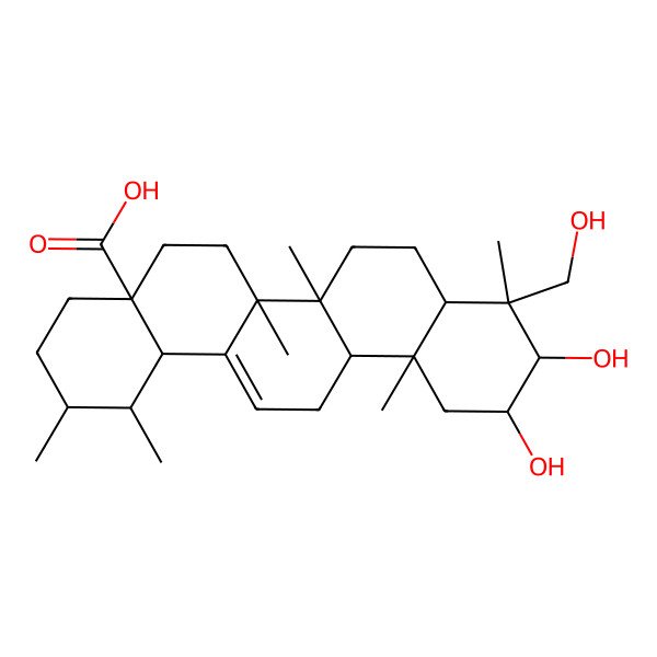 2D Structure of (4aS,6aR,6aS,6bR,8aR,9R,12aR,14bS)-10,11-dihydroxy-9-(hydroxymethyl)-1,2,6a,6b,9,12a-hexamethyl-2,3,4,5,6,6a,7,8,8a,10,11,12,13,14b-tetradecahydro-1H-picene-4a-carboxylic acid