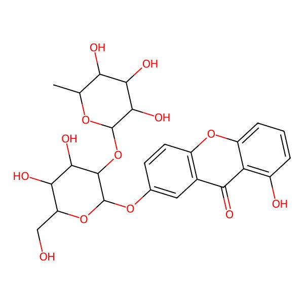 2D Structure of 7-[(2S,3R,4S,5S,6R)-4,5-dihydroxy-6-(hydroxymethyl)-3-[(2S,3R,4R,5R,6S)-3,4,5-trihydroxy-6-methyloxan-2-yl]oxyoxan-2-yl]oxy-1-hydroxyxanthen-9-one