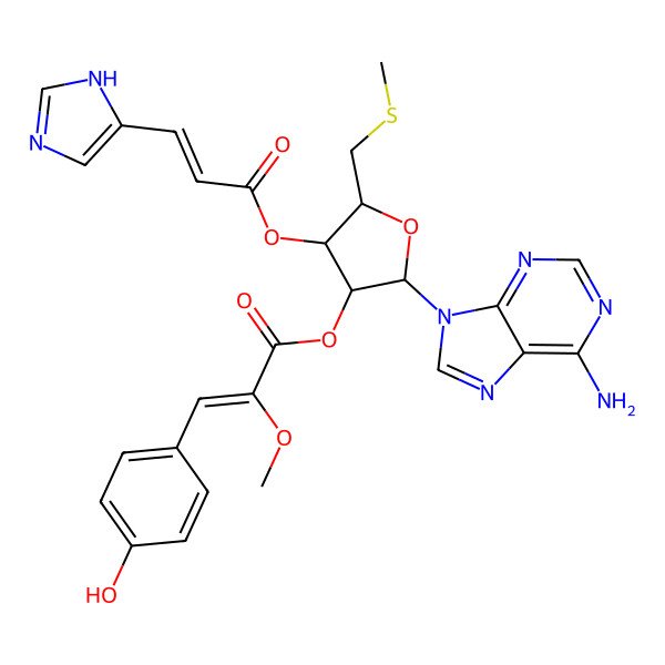 2D Structure of 3-(4-Hydroxy-phenyl)-2-methoxy-acrylic acid (3S,5R)-2-(6-amino-purin-9-yl)-4-(3-1H-imidazol-4-yl-acryloyloxy)-5-((S)-(R)-methylsulfanylmethyl)-tetrahydro-furan-3-yl ester