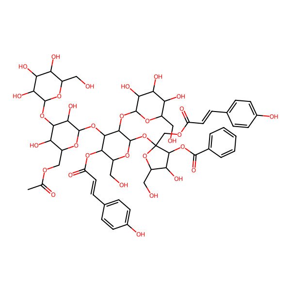 2D Structure of [(2S,3S,4R,5R)-2-[(2R,3R,4S,5R,6R)-4-[(2R,3R,4S,5R,6R)-6-(acetyloxymethyl)-3,5-dihydroxy-4-[(2R,3R,4S,5S,6R)-3,4,5-trihydroxy-6-(hydroxymethyl)oxan-2-yl]oxyoxan-2-yl]oxy-6-(hydroxymethyl)-5-[(E)-3-(4-hydroxyphenyl)prop-2-enoyl]oxy-3-[(2S,3R,4S,5S,6R)-3,4,5-trihydroxy-6-(hydroxymethyl)oxan-2-yl]oxyoxan-2-yl]oxy-4-hydroxy-5-(hydroxymethyl)-2-[[(E)-3-(4-hydroxyphenyl)prop-2-enoyl]oxymethyl]oxolan-3-yl] benzoate
