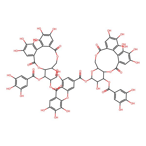 2D Structure of [(1R,2S)-1-[(10S,11S)-3,4,5,11,17,18,19-heptahydroxy-8,14-dioxo-9,13-dioxatricyclo[13.4.0.02,7]nonadeca-1(19),2,4,6,15,17-hexaen-10-yl]-3-oxo-1-(3,4,5-trihydroxybenzoyl)oxypropan-2-yl] 2-[5-[[(10S,11S,12S,13R,15R)-3,4,5,12,21,22,23-heptahydroxy-8,18-dioxo-11-(3,4,5-trihydroxybenzoyl)oxy-9,14,17-trioxatetracyclo[17.4.0.02,7.010,15]tricosa-1(23),2,4,6,19,21-hexaen-13-yl]oxycarbonyl]-2,3-dihydroxyphenoxy]-3,4,5-trihydroxybenzoate