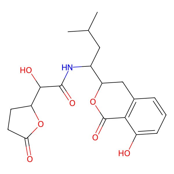 2D Structure of 2-hydroxy-N-[1-(8-hydroxy-1-oxo-3,4-dihydroisochromen-3-yl)-3-methylbutyl]-2-(5-oxooxolan-2-yl)acetamide