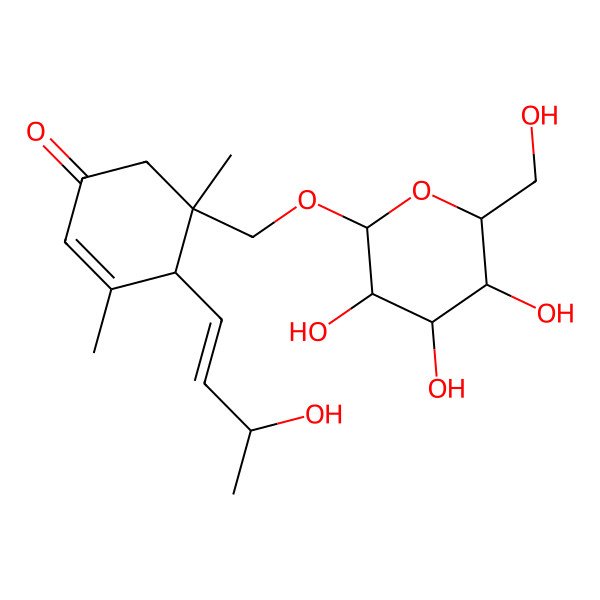 2D Structure of 4-[(E,3R)-3-hydroxybut-1-enyl]-3,5-dimethyl-5-[[(2R,3R,4S,5S,6R)-3,4,5-trihydroxy-6-(hydroxymethyl)oxan-2-yl]oxymethyl]cyclohex-2-en-1-one