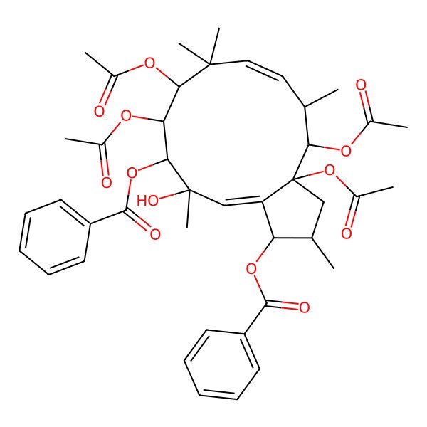2D Structure of [(1S,2S,3aR,4S,5S,6E,9S,10R,11R,12S,13E)-3a,4,9,10-tetraacetyloxy-11-benzoyloxy-12-hydroxy-2,5,8,8,12-pentamethyl-1,2,3,4,5,9,10,11-octahydrocyclopenta[12]annulen-1-yl] benzoate