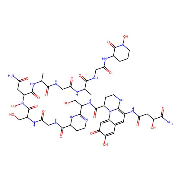 2D Structure of 2-[[2-[[2-[[2-[1-[[5-[(4-amino-3-hydroxy-4-oxobutanoyl)amino]-8-hydroxy-9-oxo-1,2,3,4-tetrahydropyrimido[1,2-a]quinoline-1-carbonyl]amino]-2-hydroxyethyl]-1,4,5,6-tetrahydropyrimidine-6-carbonyl]amino]acetyl]amino]-3-hydroxypropanoyl]-hydroxyamino]-N-[1-[[2-[[1-[[2-[(1-hydroxy-2-oxopiperidin-3-yl)amino]-2-oxoethyl]amino]-1-oxopropan-2-yl]amino]-2-oxoethyl]amino]-1-oxopropan-2-yl]butanediamide