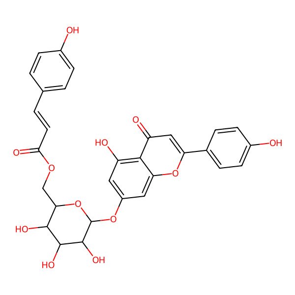 2D Structure of 5-Hydroxy-2-(4-hydroxyphenyl)-4-oxo-4H-1-benzopyran-7-yl 6-O-[3-(4-hydroxyphenyl)prop-2-enoyl]-beta-D-glucopyranoside