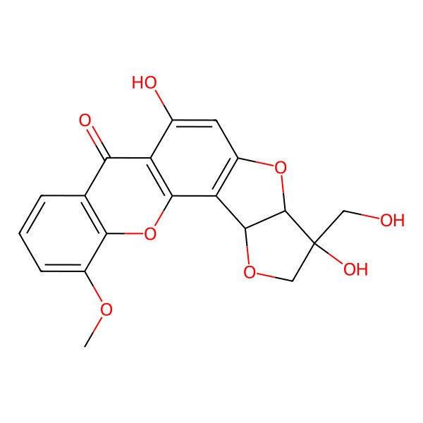 2D Structure of (3S,6R,7R)-6,11-dihydroxy-6-(hydroxymethyl)-18-methoxy-4,8,20-trioxapentacyclo[10.8.0.02,9.03,7.014,19]icosa-1(12),2(9),10,14(19),15,17-hexaen-13-one