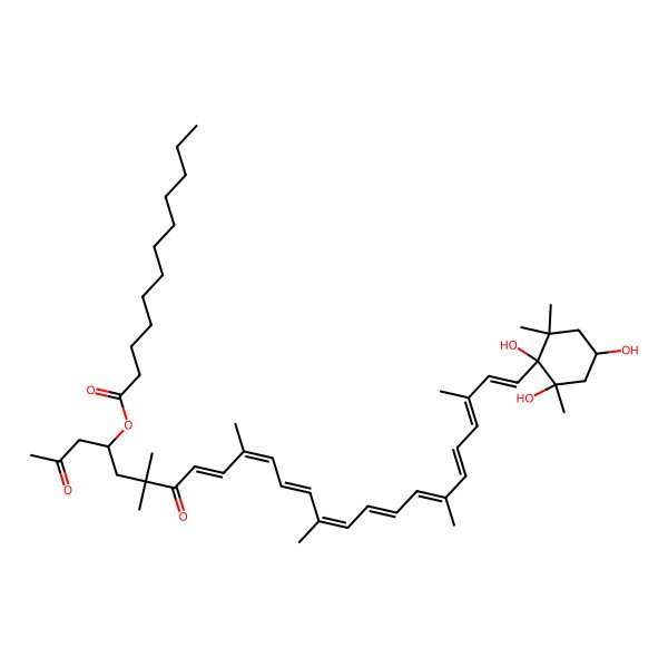 2D Structure of [(4S,8E,10E,12E,14E,16E,18E,20E,22E,24E)-6,6,10,14,19,23-hexamethyl-2,7-dioxo-25-[(1S,2R,4S)-1,2,4-trihydroxy-2,6,6-trimethylcyclohexyl]pentacosa-8,10,12,14,16,18,20,22,24-nonaen-4-yl] dodecanoate