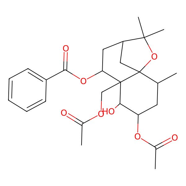 2D Structure of [4-Acetyloxy-6-(acetyloxymethyl)-5-hydroxy-2,10,10-trimethyl-11-oxatricyclo[7.2.1.01,6]dodecan-7-yl] benzoate