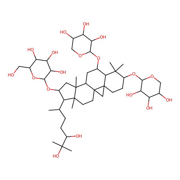 2D Structure of (2R,3R,4S,5S,6R)-2-[[(1S,3R,6S,8R,9S,11S,12S,14S,15R,16R)-15-[(2R,5R)-5,6-dihydroxy-6-methylheptan-2-yl]-7,7,12,16-tetramethyl-6-[(2S,3R,4S,5R)-3,4,5-trihydroxyoxan-2-yl]oxy-9-[(2S,3R,4S,5S)-3,4,5-trihydroxyoxan-2-yl]oxy-14-pentacyclo[9.7.0.01,3.03,8.012,16]octadecanyl]oxy]-6-(hydroxymethyl)oxane-3,4,5-triol
