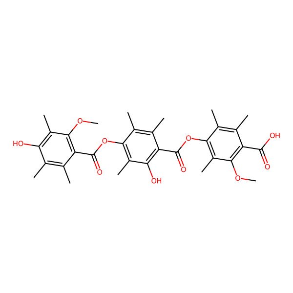 2D Structure of Benzoic acid, 2-hydroxy-4-((4-hydroxy-2-methoxy-3,5,6-trimethylbenzoyl)oxy)-3,5,6-trimethyl-, 4-carboxy-3-methoxy-2,5,6-trimethylphenyl ester