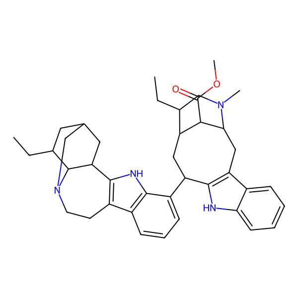 2D Structure of methyl (1R,12S,14R,15S,18S)-15-ethyl-12-[(1R,15R,17S,18S)-17-ethyl-3,13-diazapentacyclo[13.3.1.02,10.04,9.013,18]nonadeca-2(10),4(9),5,7-tetraen-5-yl]-17-methyl-10,17-diazatetracyclo[12.3.1.03,11.04,9]octadeca-3(11),4,6,8-tetraene-18-carboxylate