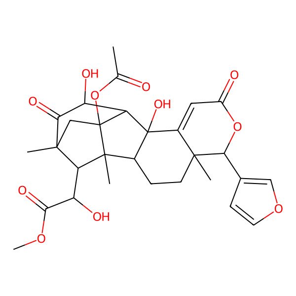 2D Structure of methyl (2R)-2-[(1S,2R,5R,6R,11R,12R,13R,15S,17S,18R)-17-acetyloxy-6-(furan-3-yl)-11,13-dihydroxy-1,5,15-trimethyl-8,14-dioxo-7-oxapentacyclo[13.2.1.02,11.05,10.012,17]octadec-9-en-18-yl]-2-hydroxyacetate