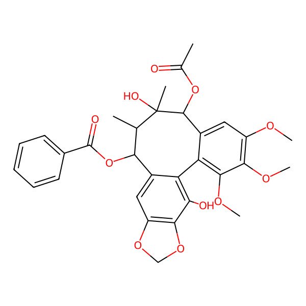 2D Structure of (8-Acetyloxy-9,19-dihydroxy-3,4,5-trimethoxy-9,10-dimethyl-15,17-dioxatetracyclo[10.7.0.02,7.014,18]nonadeca-1(19),2,4,6,12,14(18)-hexaen-11-yl) benzoate