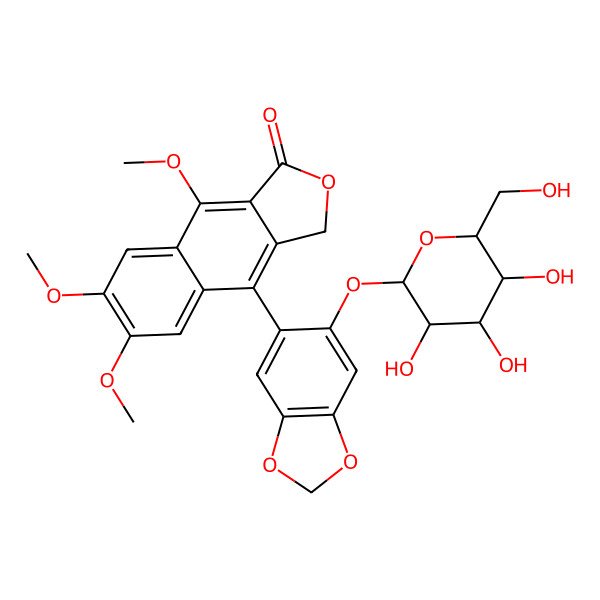 2D Structure of 4,6,7-trimethoxy-9-[6-[(2S,3R,4S,5S,6R)-3,4,5-trihydroxy-6-(hydroxymethyl)oxan-2-yl]oxy-1,3-benzodioxol-5-yl]-1H-benzo[f][2]benzofuran-3-one