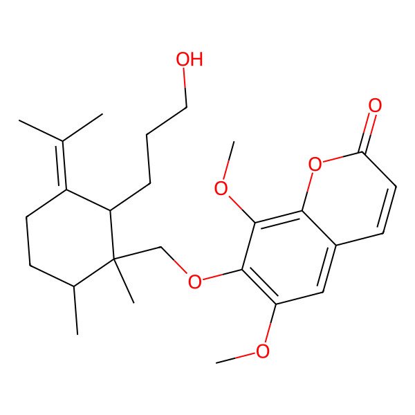 2D Structure of 7-[[(1R,2R,6R)-2-(3-hydroxypropyl)-1,6-dimethyl-3-propan-2-ylidenecyclohexyl]methoxy]-6,8-dimethoxychromen-2-one