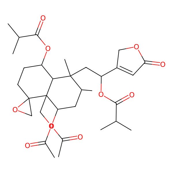 2D Structure of [5-acetyloxy-4a-(acetyloxymethyl)-7,8-dimethyl-8-[2-(2-methylpropanoyloxy)-2-(5-oxo-2H-furan-3-yl)ethyl]spiro[2,3,5,6,7,8a-hexahydro-1H-naphthalene-4,2'-oxirane]-1-yl] 2-methylpropanoate