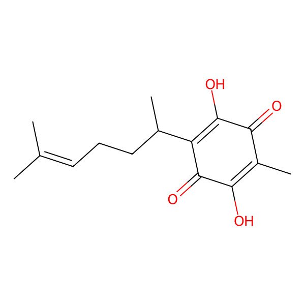 2D Structure of 2,5-Cyclohexadiene-1,4-dione, 2-(1,5-dimethyl-4-hexenyl)-3,6-dihydroxy-5-methyl-, (R)- 2D Structure of 2,5-Cyclohexadiene-1,4-dione, 2-(1,5-dimethyl-4-hexenyl)-3,6-dihydroxy-5-methyl-, (R)-