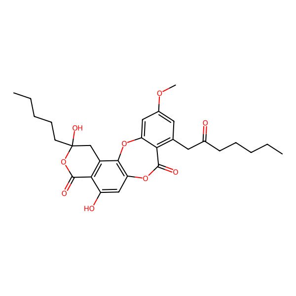 2D Structure of 2,5-dihydroxy-11-methoxy-9-(2-oxoheptyl)-2-pentyl-1H-isochromeno[5,6-b][1,4]benzodioxepine-4,8-dione
