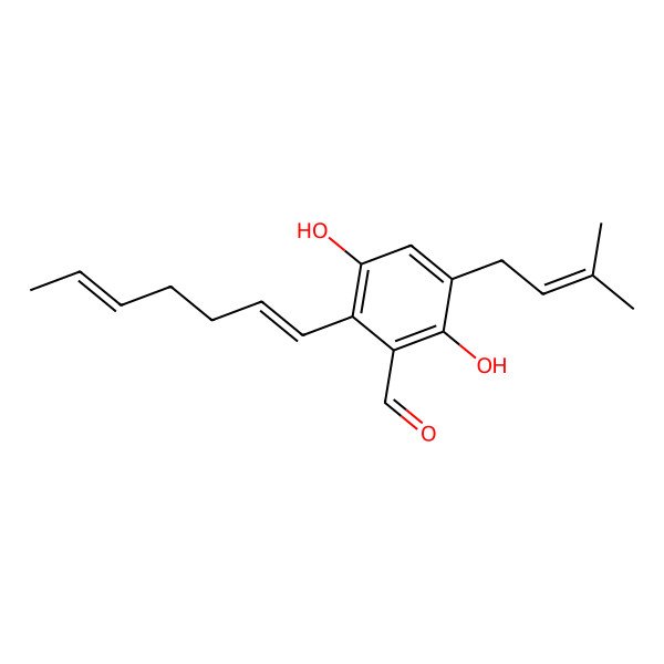 2D Structure of 2-(1',5'-Heptadienyl)-3,6-dihydroxy-5-(3"-methyl-2"-butenyl)benzaldehyde
