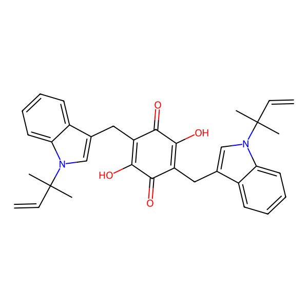 2D Structure of 2,5-Dihydroxy-3,6-bis[[1-(2-methylbut-3-en-2-yl)indol-3-yl]methyl]cyclohexa-2,5-diene-1,4-dione
