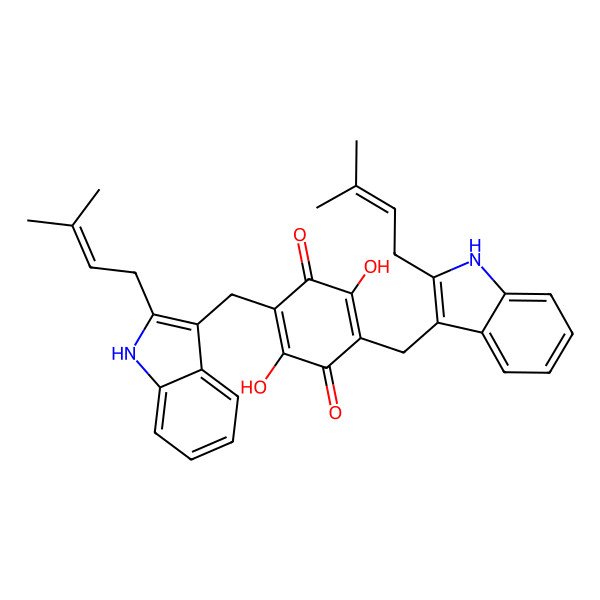 2D Structure of 2,5-dihydroxy-3,6-bis[[2-(3-methylbut-2-enyl)-1H-indol-3-yl]methyl]cyclohexa-2,5-diene-1,4-dione