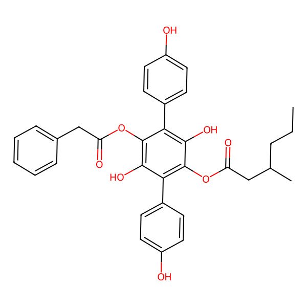 2D Structure of [2,5-dihydroxy-3,6-bis(4-hydroxyphenyl)-4-(2-phenylacetyl)oxyphenyl] (3S)-3-methylhexanoate